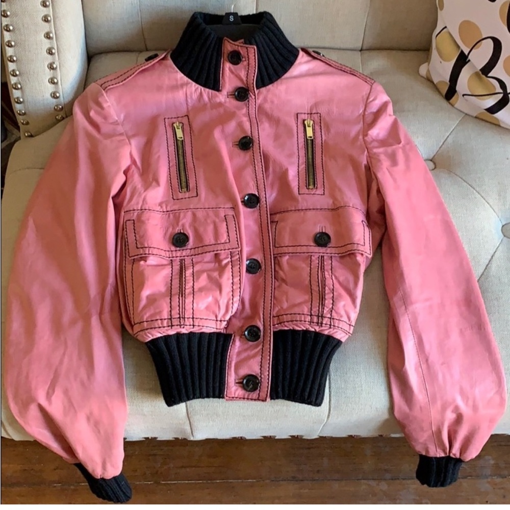 Gucci Vera Pelle Pink Bomber Jacket with Black Trim